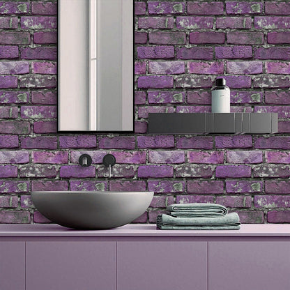 peel and stick tile purple brick wall in modern bathroom with sink and mirror