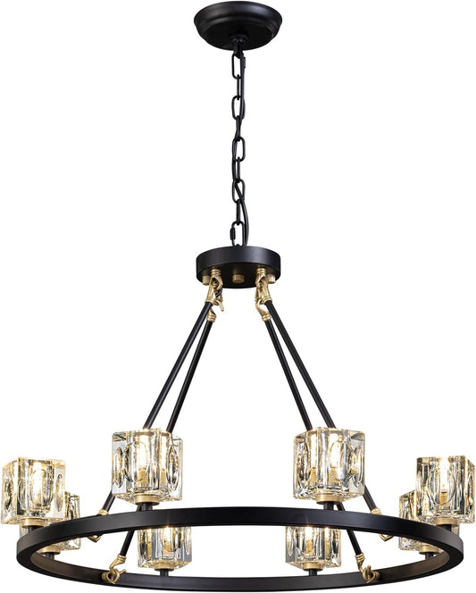 Black Wagon Wheel Chandelier, 8-Light Farmhouse Crystal Chandeleirs With Adjustable Height,Ceiling Hanging Light Fixture Pendant Lights For Living Room,Bedroom,Kitchen Island,Dining Room,Bedroom