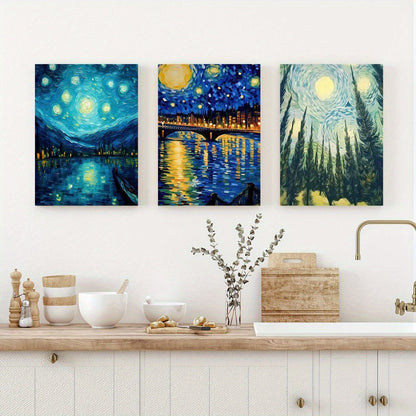 3-piece Starry Sky Canvas Wall Art Set, Abstract Blue Night Sky Landscape Prints, Wrapped Pine Frames, Classic Decorative Art Style, Modern Indoor Outdoor Wall Hanging Decor, Suitable For Living Room