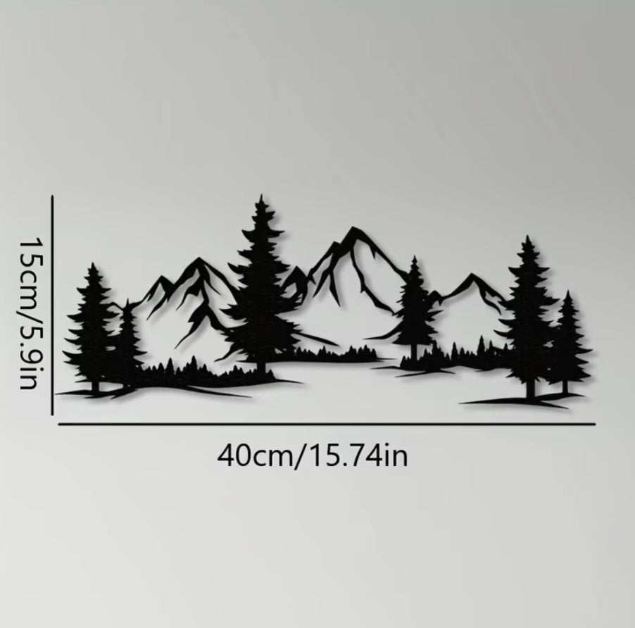 Rustic metallic wall art featuring evergreen forest and mountain design measuring 40cm by 15cm for child's room decor