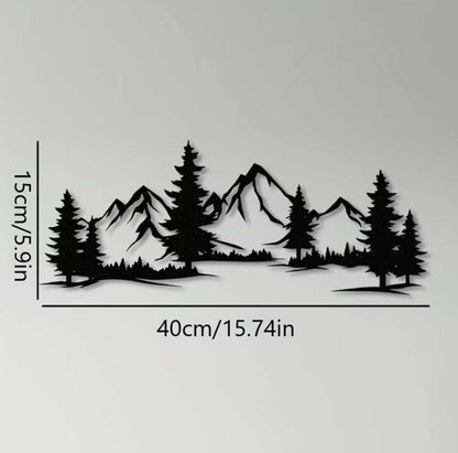 Rustic metallic wall art featuring evergreen forest and mountain design measuring 40cm by 15cm for child's room decor