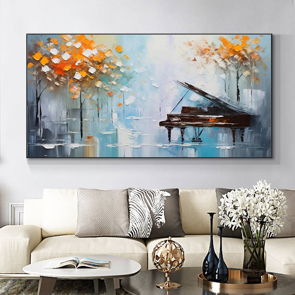 Handmade oil painting palette knife tree and piano abstract landscape on canvas wall art for home office decor