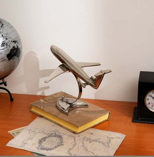 Decorative Retro Aluminum Airplane Sculpture   Nickel-Finished Table Accent  On-Site