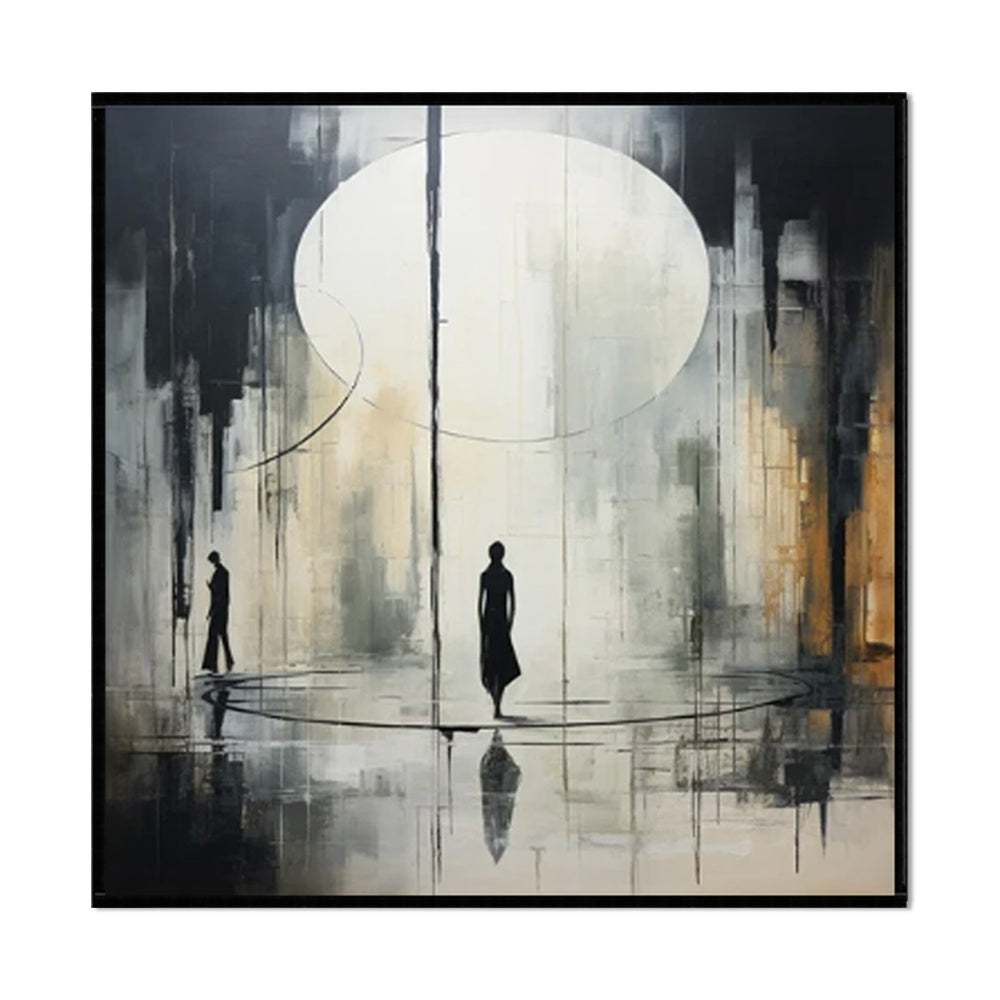 Handmade black and white abstract oil painting on canvas, modern square wall art for home and office decor