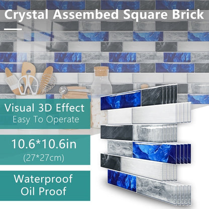Blue grey marble effect waterproof peel and stick kitchen splashback tile with 3D visual effect and oil proof finish