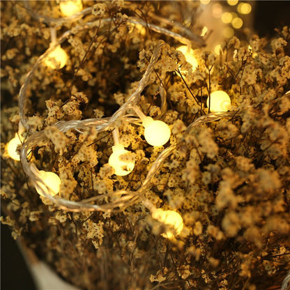 Warm white LED USB remote control string lights with small ball bulbs decorating dried flowers for Christmas ambiance