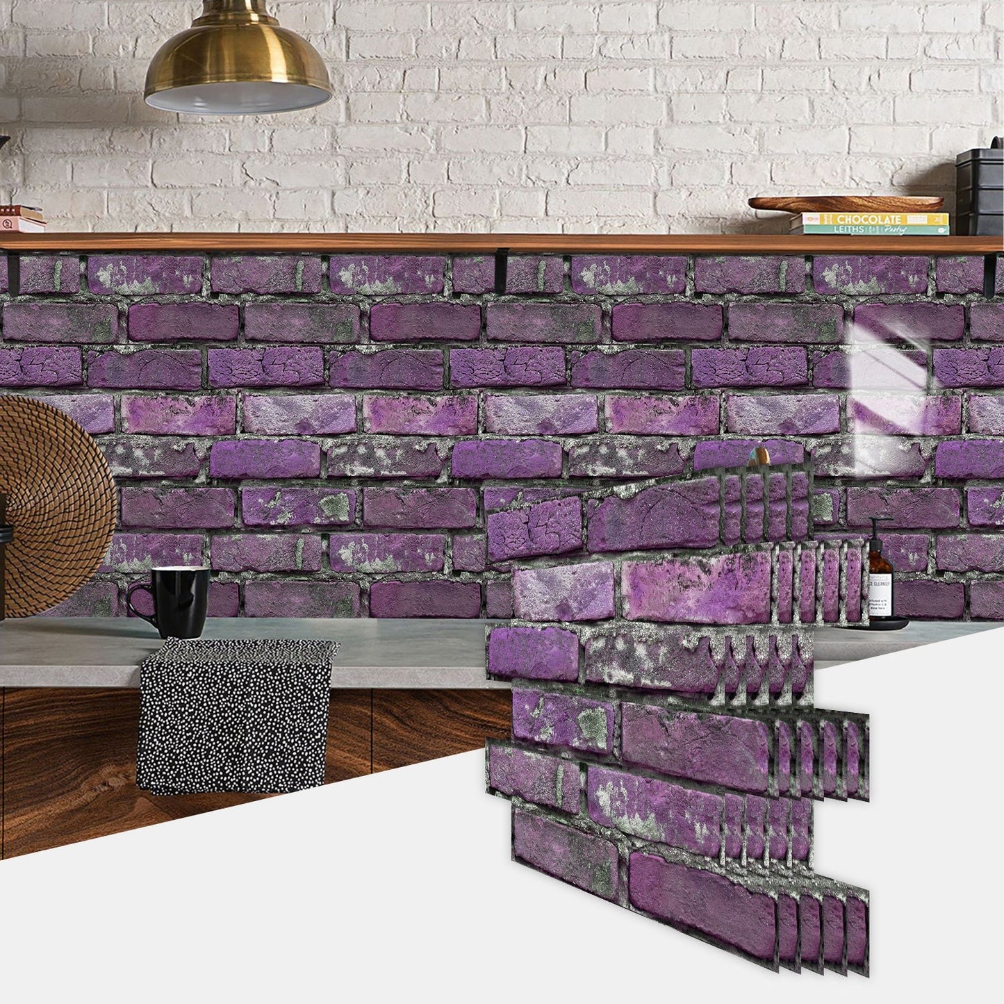 Peel and stick purple brick wall tile stickers, waterproof and durable PVC for kitchen and bathroom decoration