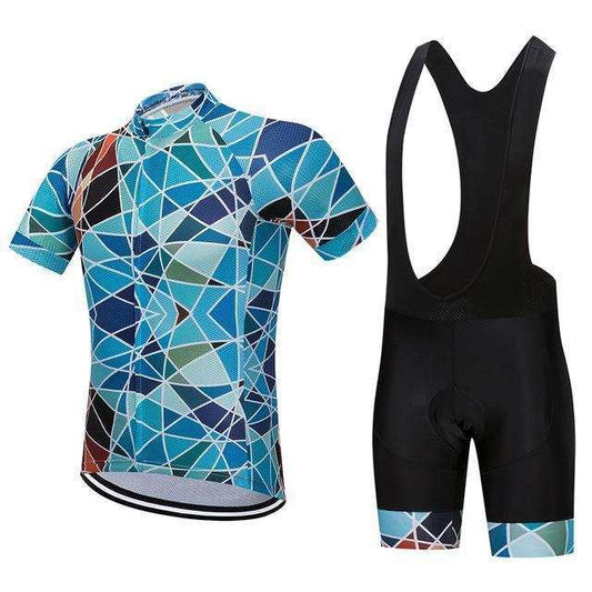 Blue geometric tile patterned cycling jersey and black bib shorts cycling set