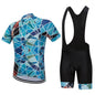 Blue geometric patterned cycling jersey and black bib shorts cycling set