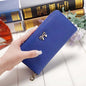Blue PU ladies wallet handbag with zipper and bow detail, 19x9.5x3cm