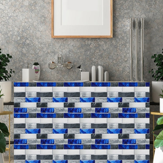 Blue grey marble effect peel and stick kitchen splashback tile with waterproof PVC finish