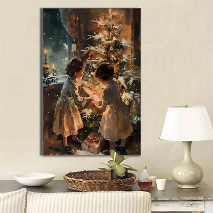 Holiday wrapped canvas painting of children decorating Christmas tree in pine frame hanging on living room wall