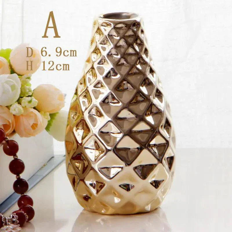 Nordic ceramic small flower vase with a shiny textured gold finish and geometric pattern, 12cm tall.