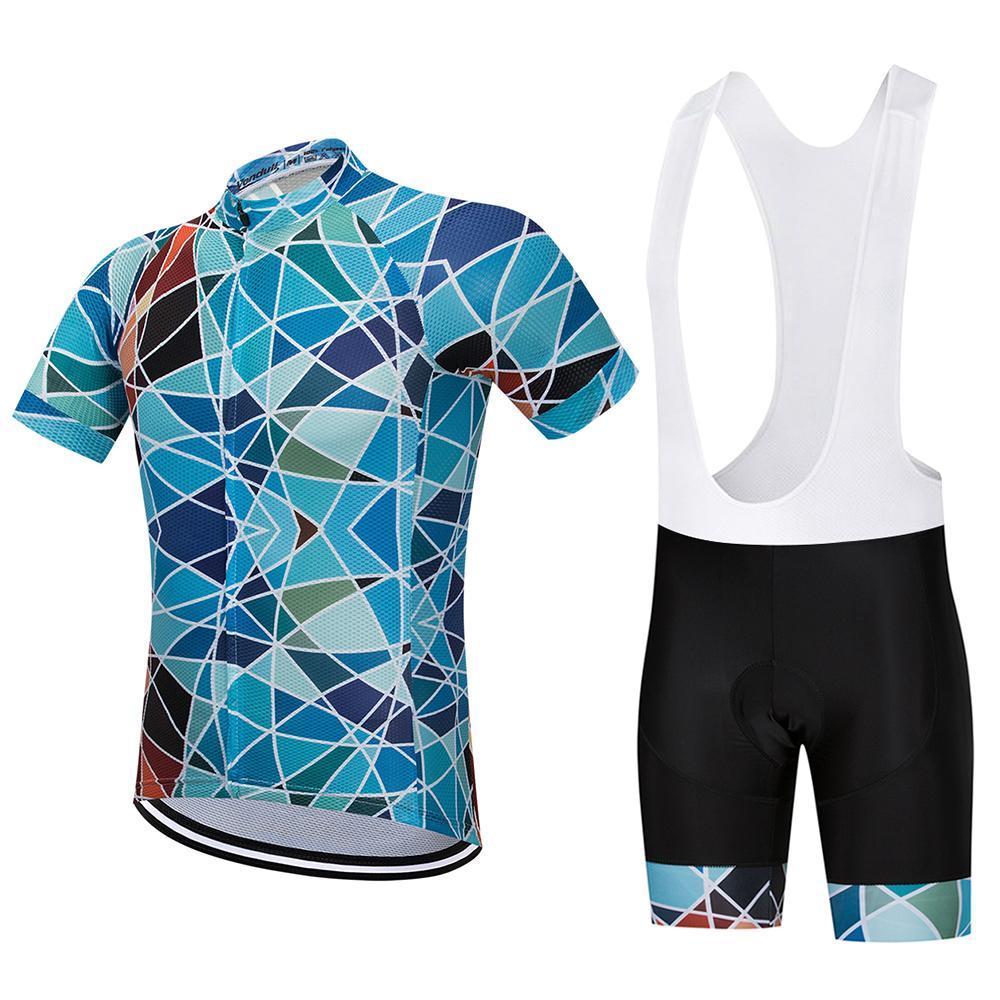 Cycling set with blue geometric tile pattern jersey and black bib shorts with matching tile accents