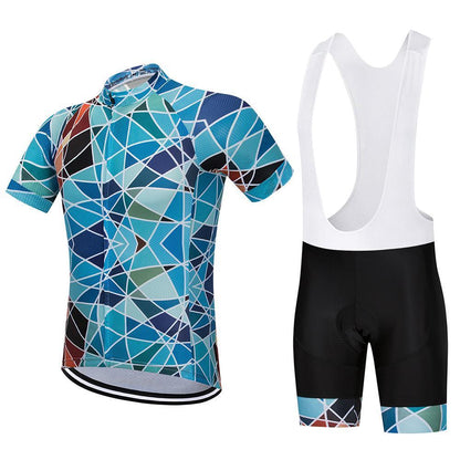 Cycling set with blue geometric tile pattern jersey and black bib shorts with matching tile accents