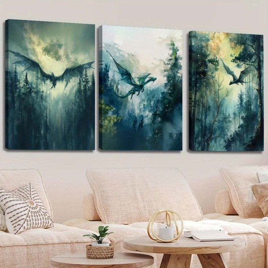 Set of 3 wooden framed canvas paintings featuring dark academia style mythical creatures and forest dragon fantasy artwork