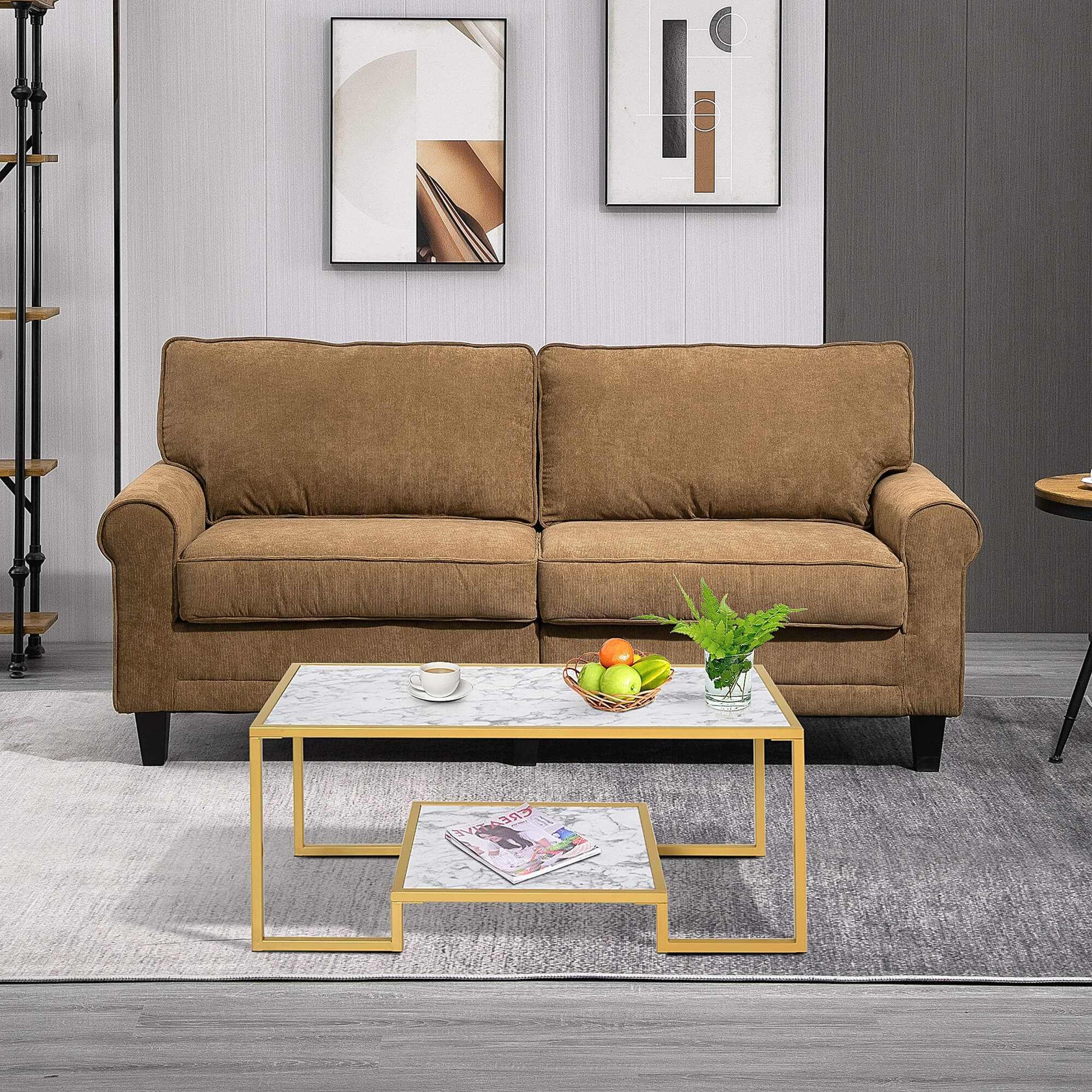 Minimalist Art Deco coffee table with white laminate marble top and gold frame, featuring an underneath storage shelf in modern living room setting.