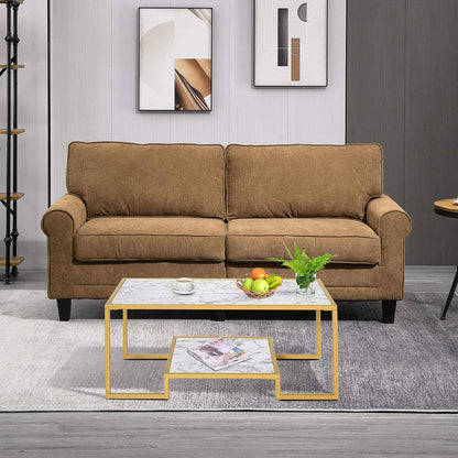 Minimalist Art Deco coffee table with white laminate marble top and gold frame, featuring an underneath storage shelf in modern living room setting.