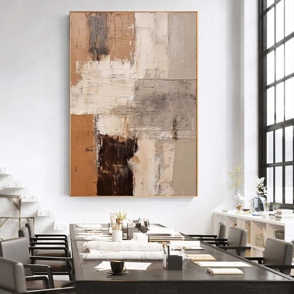 Large abstract handmade brown textured oil painting on canvas for modern wall decor in living room