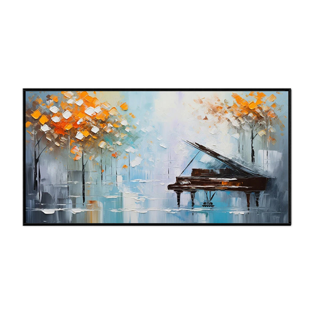 Handmade oil painting of abstract landscape with piano and trees on canvas for home or office decor