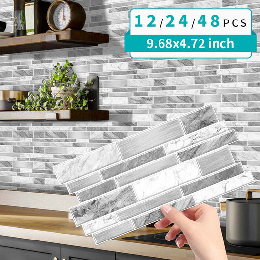 Hand holding irregular shape modern grey marble pattern peel and stick wallpaper tile with kitchen backsplash background