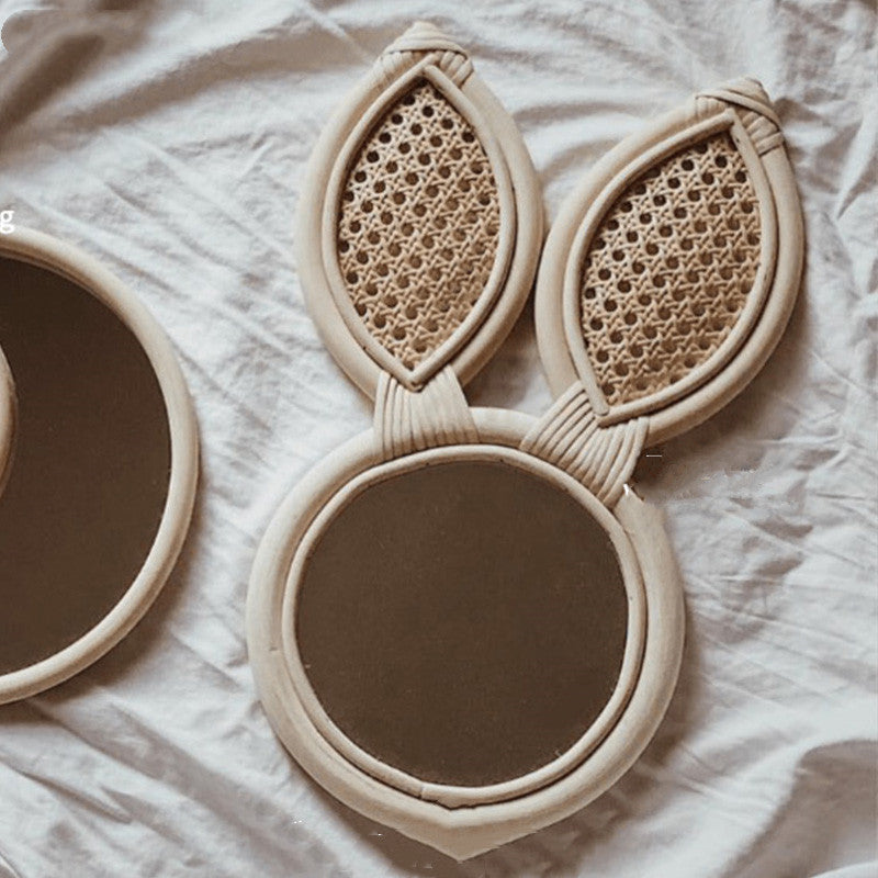 Retro Style Handmade Rattan Mirror Bedroom Home Homestay Solid Wood Makeup Mirror