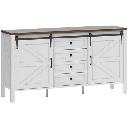59 Buffet Cabinet, Farmhouse Sideboard With Thick Top, 2 Barn Doors, 4 Drawers And 2 Adjustable Shelves, White