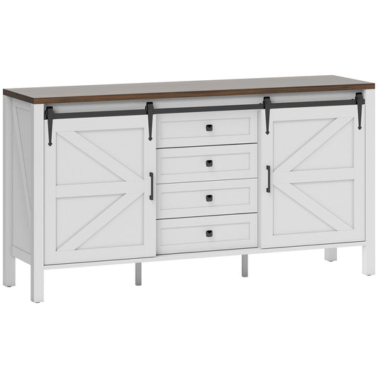 59 Buffet Cabinet, Farmhouse Sideboard With Thick Top, 2 Barn Doors, 4 Drawers And 2 Adjustable Shelves, White
