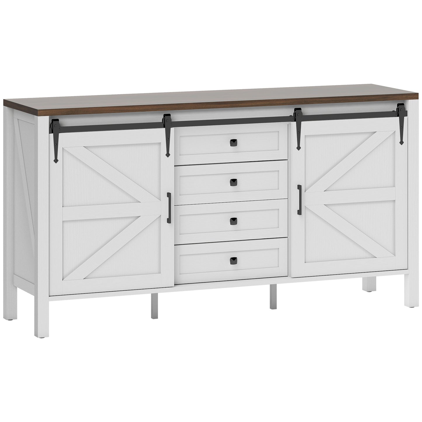 59 Buffet Cabinet, Farmhouse Sideboard With Thick Top, 2 Barn Doors, 4 Drawers And 2 Adjustable Shelves, White