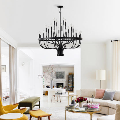 24-Light Black Chandelier Industrial Iron Candle Chandelier Modern Suspended Farmhouse Chandeliers Pendant Light Fixtures For Dining Room Bedroom Living Room Kitchen Island Foyer E12 Bulb
