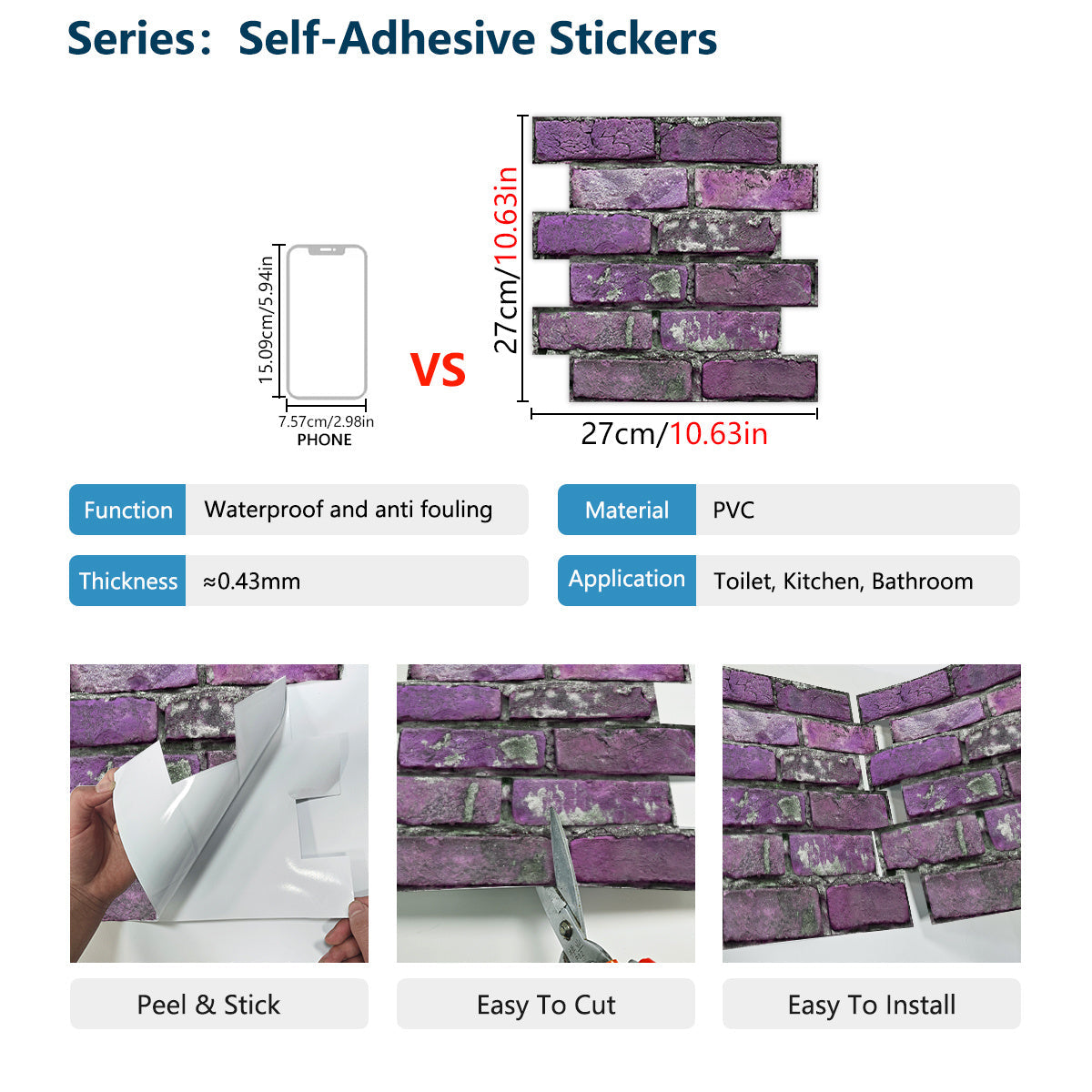 Purple peel and stick PVC brick wall tiles, waterproof self-adhesive for kitchen, bathroom, toilet decoration