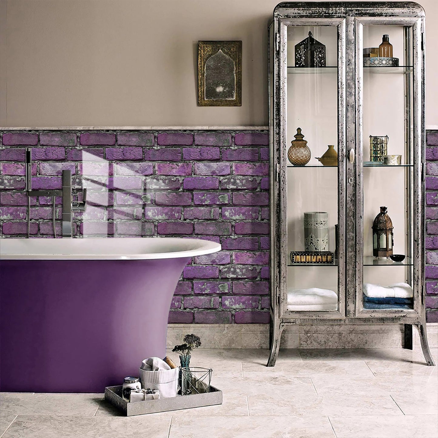 Bathroom with purple peel and stick brick wall tiles and purple bathtub