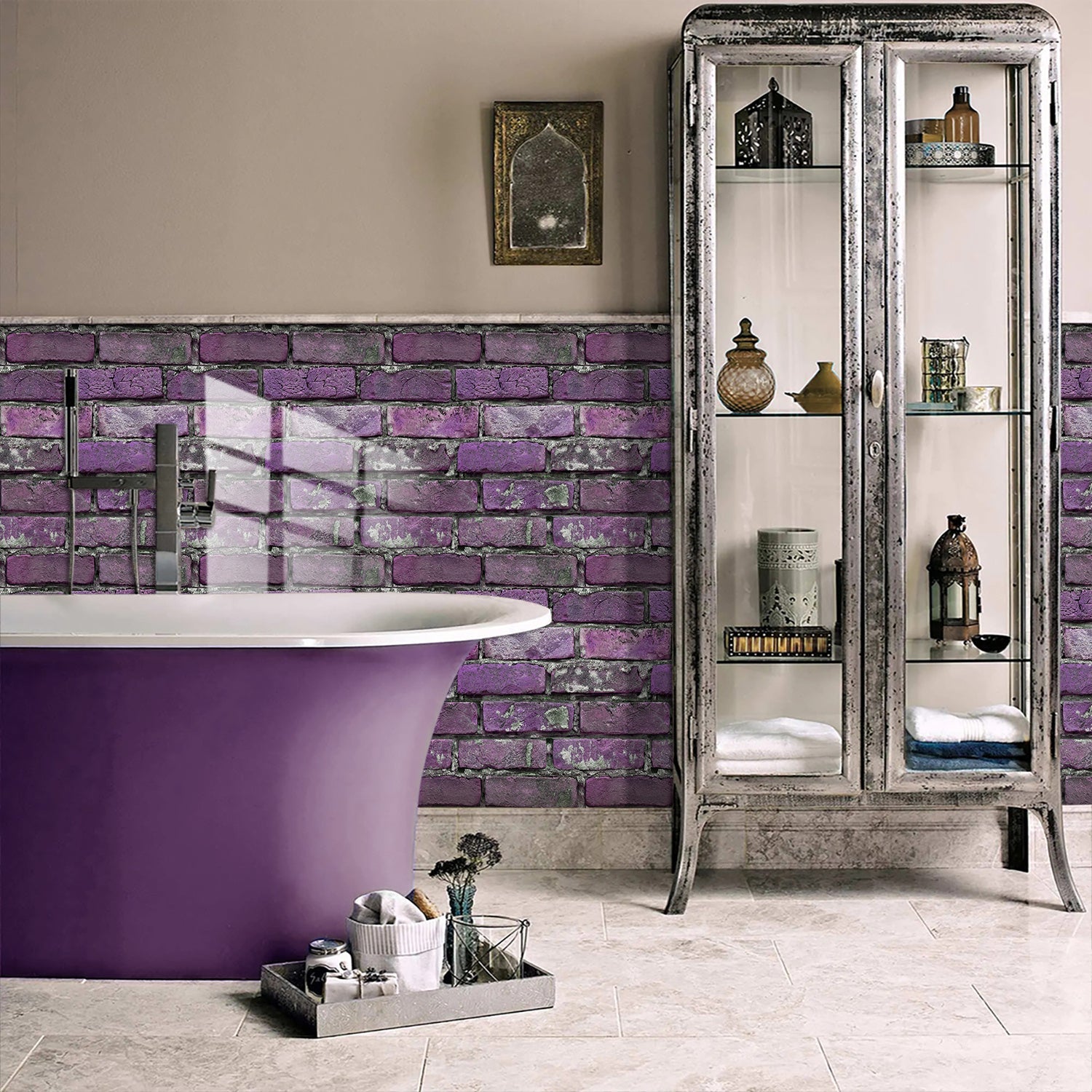Bathroom with purple peel and stick brick wall tiles and purple bathtub