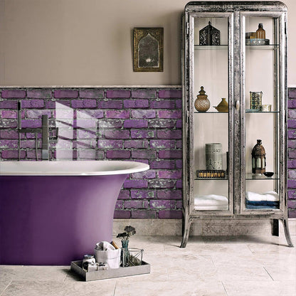 Bathroom with purple peel and stick brick wall tiles and purple bathtub