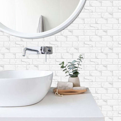 White marble look peel and stick tile stickers on bathroom wall with white sink and round mirror
