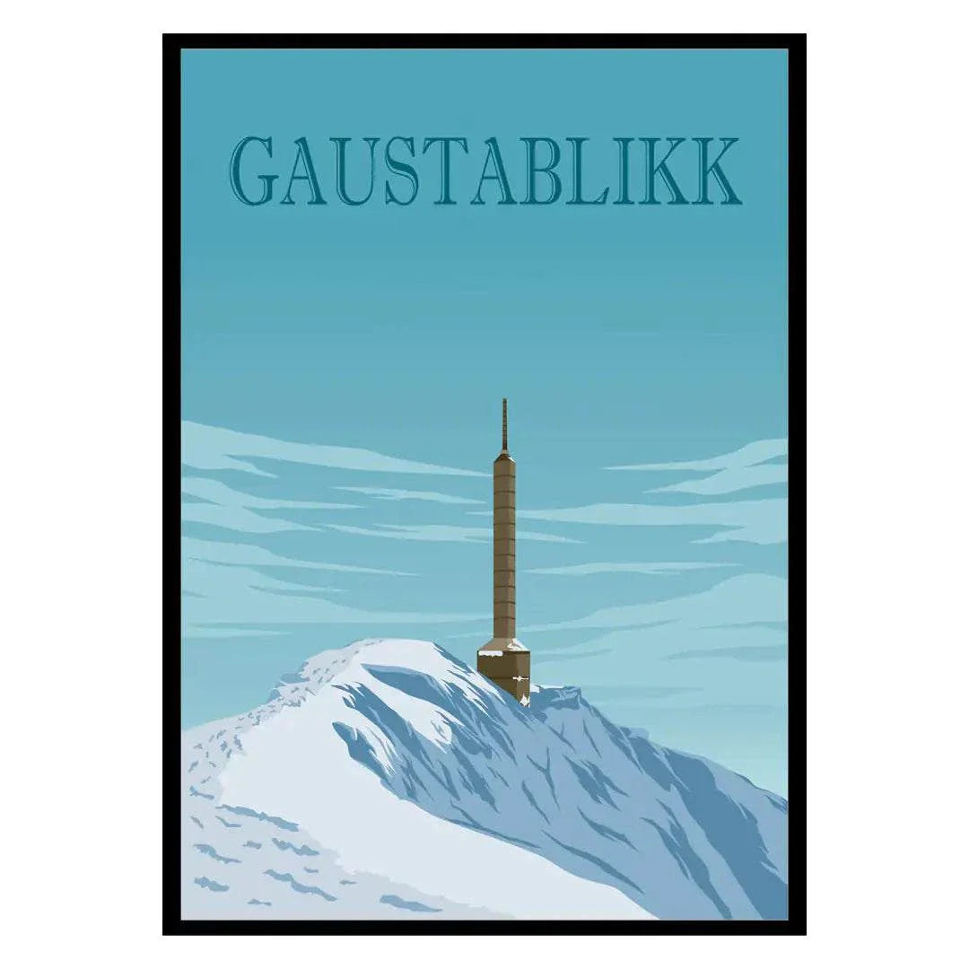 Gaustablikk Poster featuring a snowy mountain with a tall tower under a blue sky printed on thick matte paper.