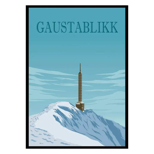 Gaustablikk Poster featuring a snowy mountain with a tall tower under a blue sky printed on thick matte paper.
