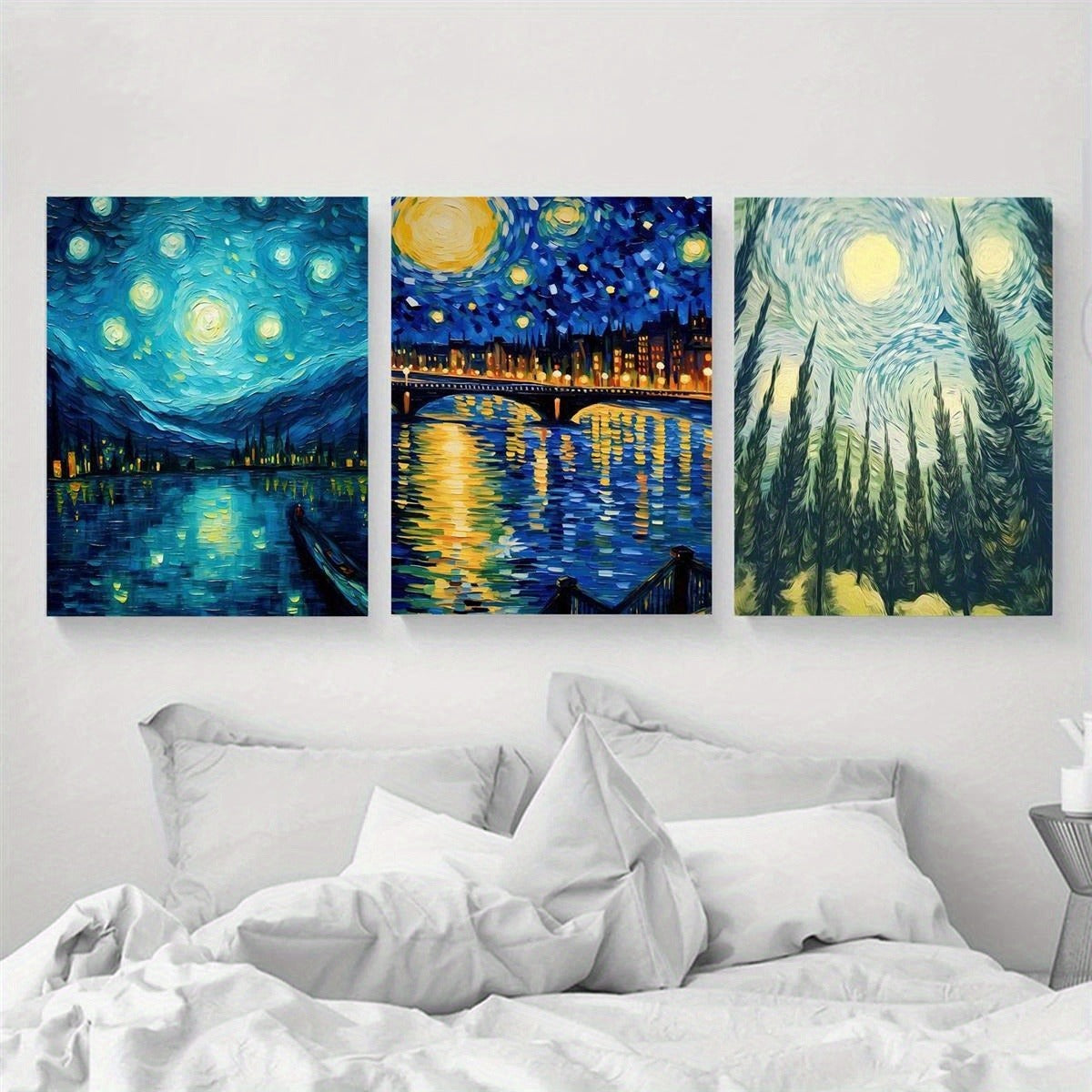 3-piece Starry Sky Canvas Wall Art Set, Abstract Blue Night Sky Landscape Prints, Wrapped Pine Frames, Classic Decorative Art Style, Modern Indoor Outdoor Wall Hanging Decor, Suitable For Living Room