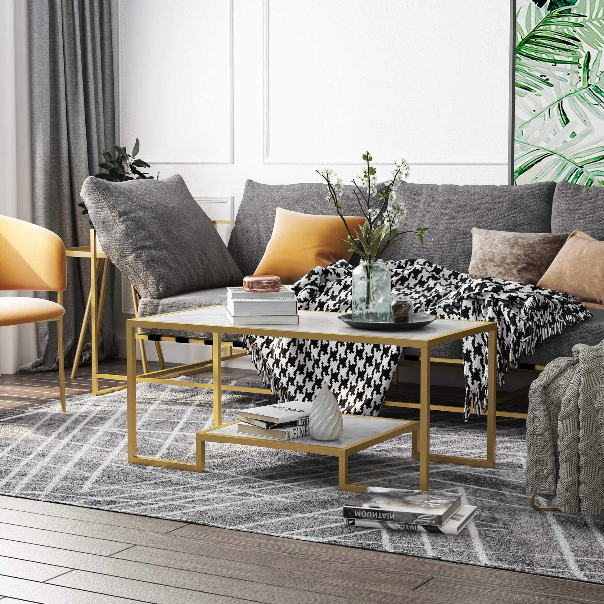 Minimalist Art Deco coffee table with white laminate marble top, gold metal frame, and lower storage shelf in modern living room setting