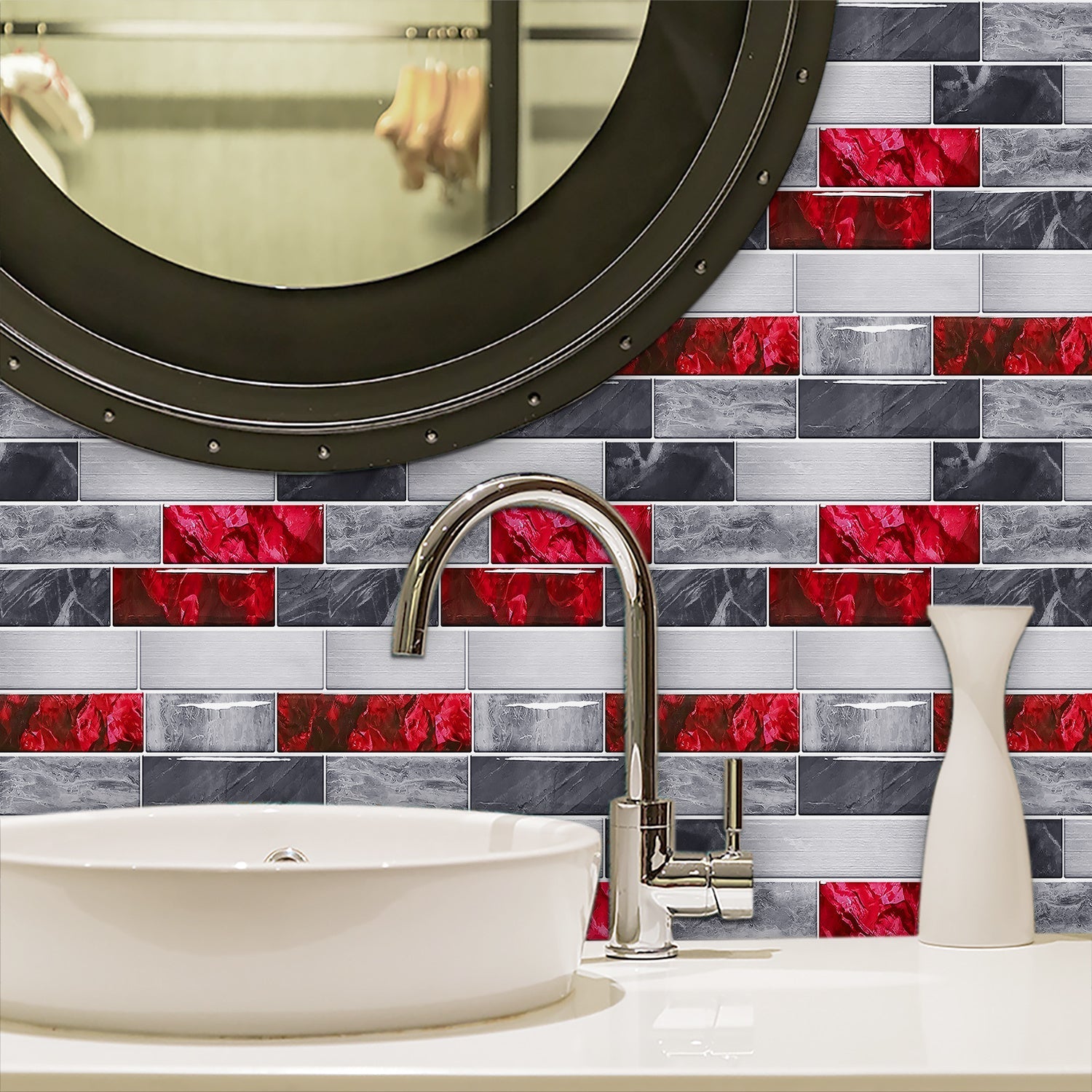 Red marble look peel and stick waterproof wallpaper tiles behind bathroom sink and mirror