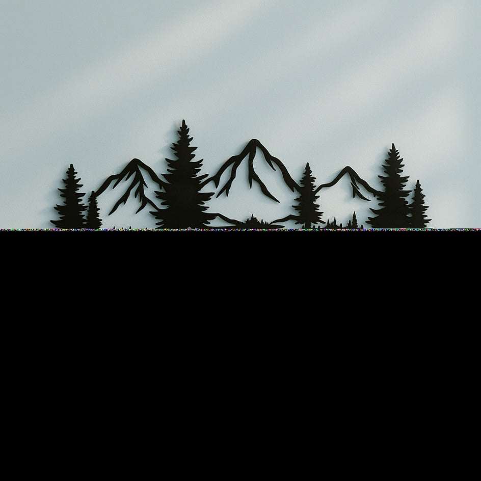 Rustic metallic wall art featuring evergreen trees and mountain silhouette for child's room decor