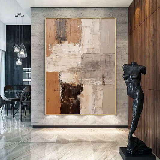 Large abstract handmade oil painting with brown textured minimalist design on canvas for modern living room decor