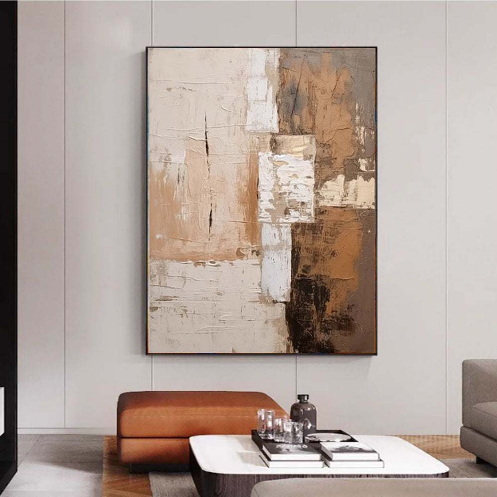 Large abstract handmade textured brown oil painting on canvas for modern living room wall decor