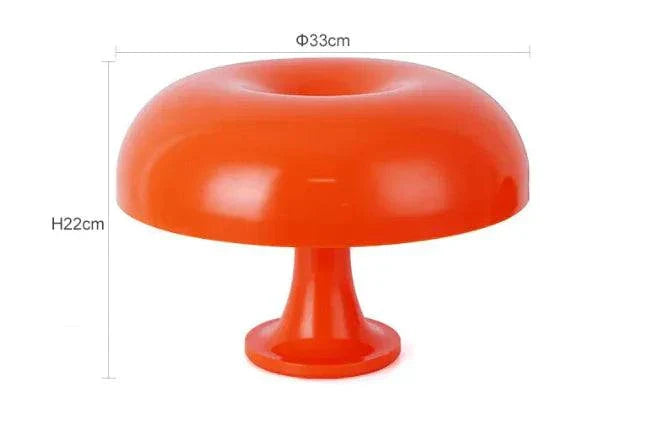 Orange mushroom-shaped table lamp made of acrylic with USB three-color stepless dimming and E14 light source, 33cm wide and 22cm tall.