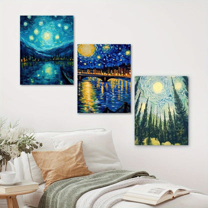 3-piece Starry Sky Canvas Wall Art Set, Abstract Blue Night Sky Landscape Prints, Wrapped Pine Frames, Classic Decorative Art Style, Modern Indoor Outdoor Wall Hanging Decor, Suitable For Living Room