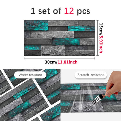 Modern green marble stone tile peel and stick wallpaper with water and scratch resistance, 12-piece self-adhesive wall sticker for home decoration