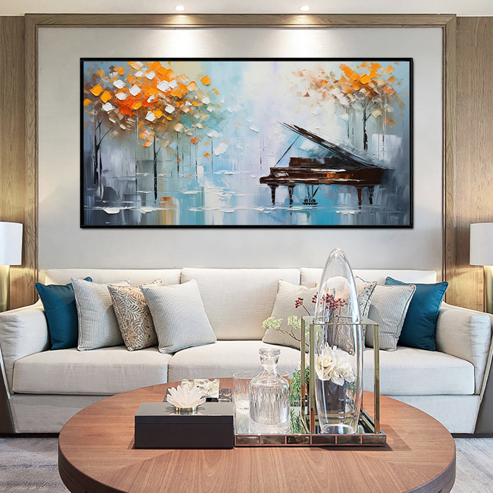 Handmade oil painting of abstract piano and autumn trees on canvas wall art above modern living room sofa decor