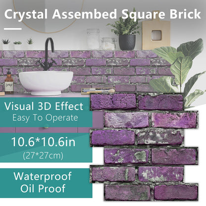 Purple brick wall peel and stick tile with 3D effect, waterproof and oil proof, 10.6x10.6in, for kitchen and bathroom decoration
