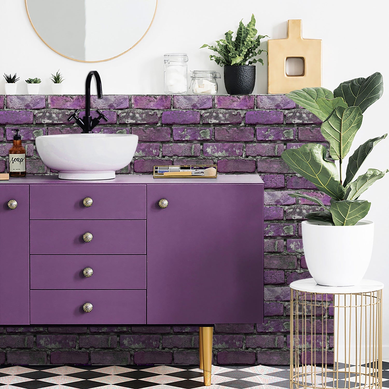 Purple brick peel and stick tile wall decoration in bathroom with purple cabinet and green plant