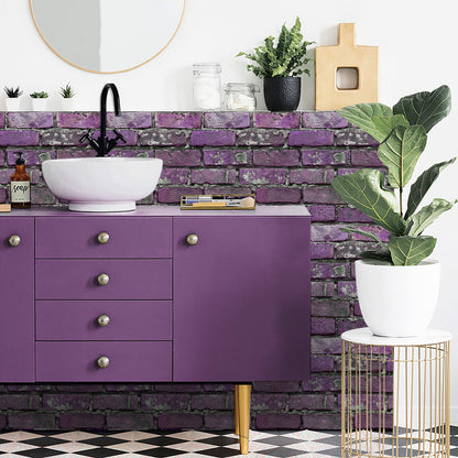 Purple brick peel and stick tile wall decoration in bathroom with purple cabinet and green plant